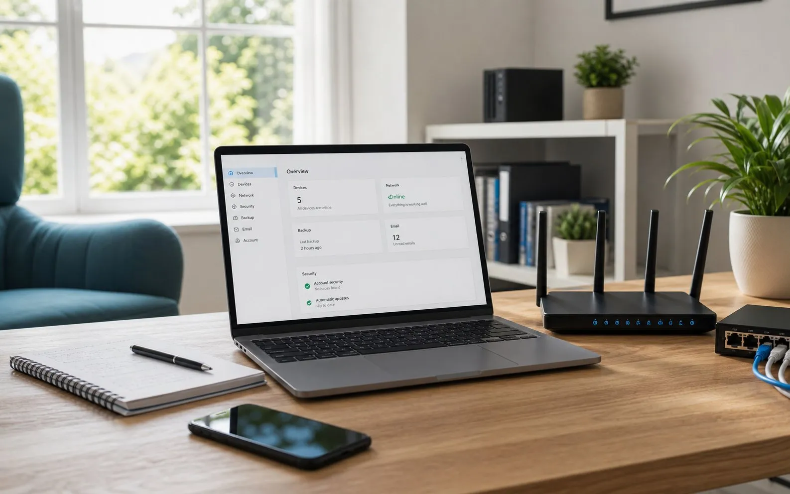 Laptop, router and phone on a desk in a home office